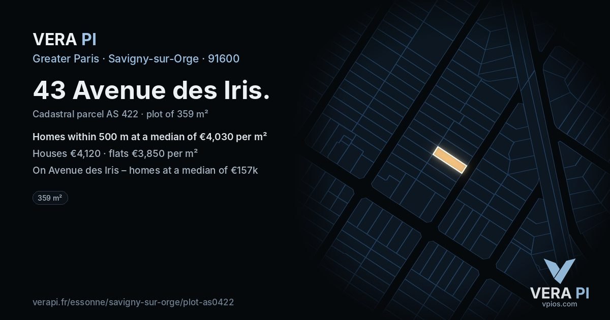 43 Avenue des Iris, Savigny-sur-Orge at night – the plot lit, the parcels around coloured by the prices near them