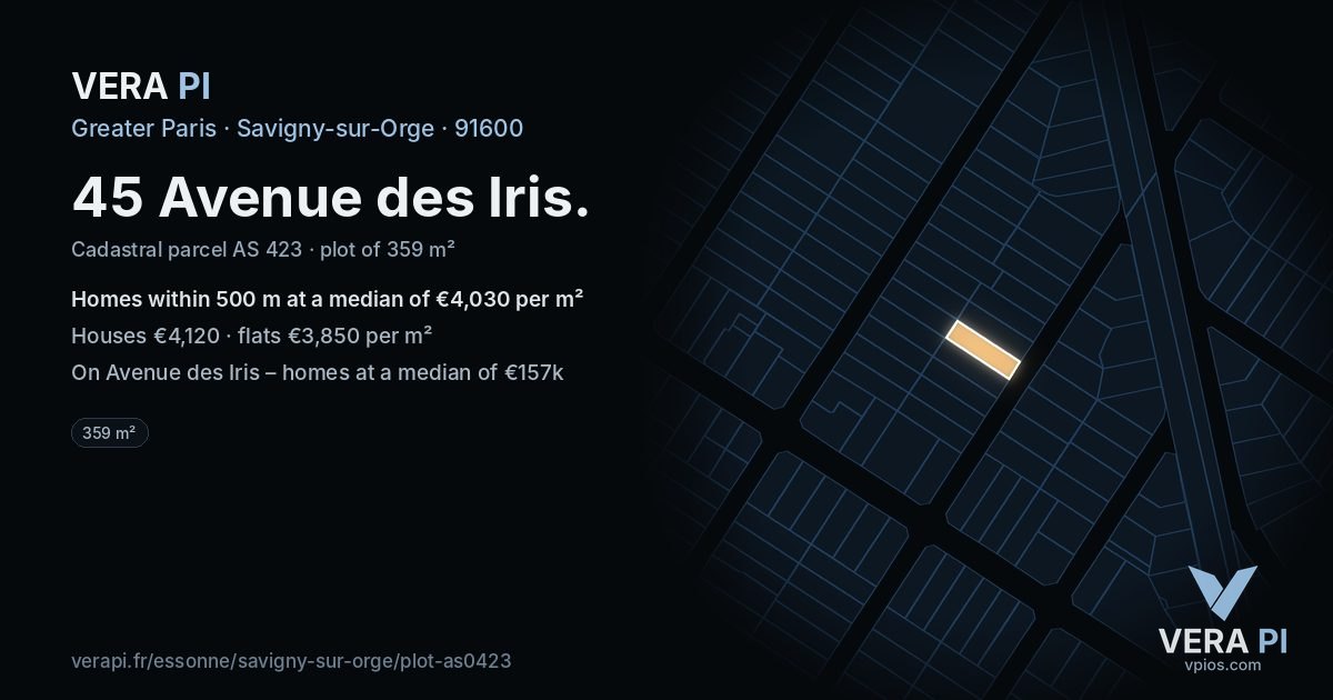 45 Avenue des Iris, Savigny-sur-Orge at night – the plot lit, the parcels around coloured by the prices near them