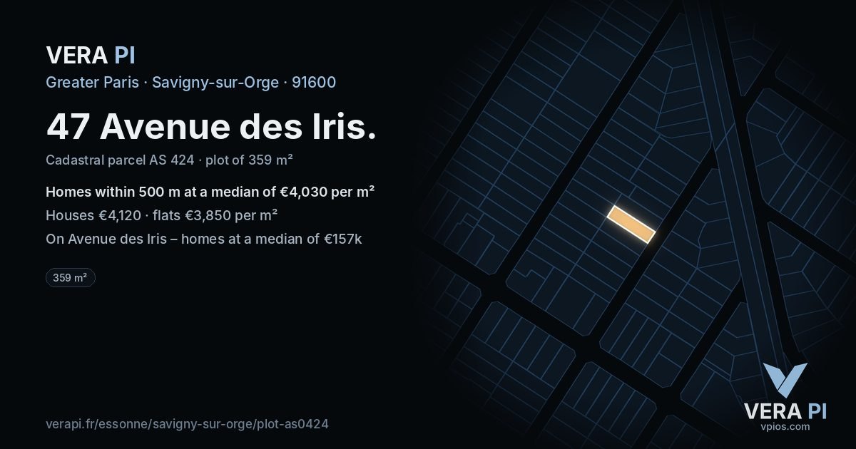 47 Avenue des Iris, Savigny-sur-Orge at night – the plot lit, the parcels around coloured by the prices near them