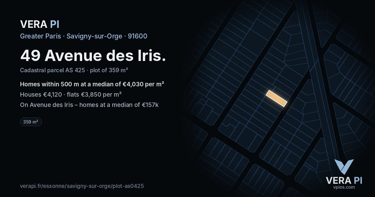49 Avenue des Iris, Savigny-sur-Orge at night – the plot lit, the parcels around coloured by the prices near them