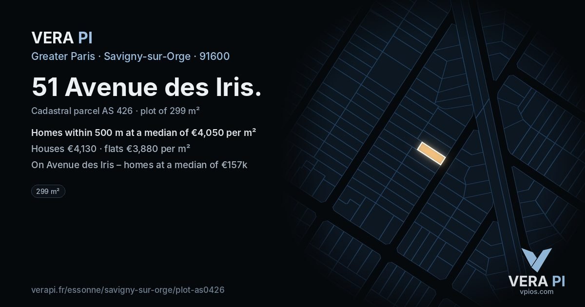 51 Avenue des Iris, Savigny-sur-Orge at night – the plot lit, the parcels around coloured by the prices near them