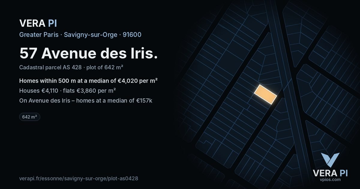 57 Avenue des Iris, Savigny-sur-Orge at night – the plot lit, the parcels around coloured by the prices near them