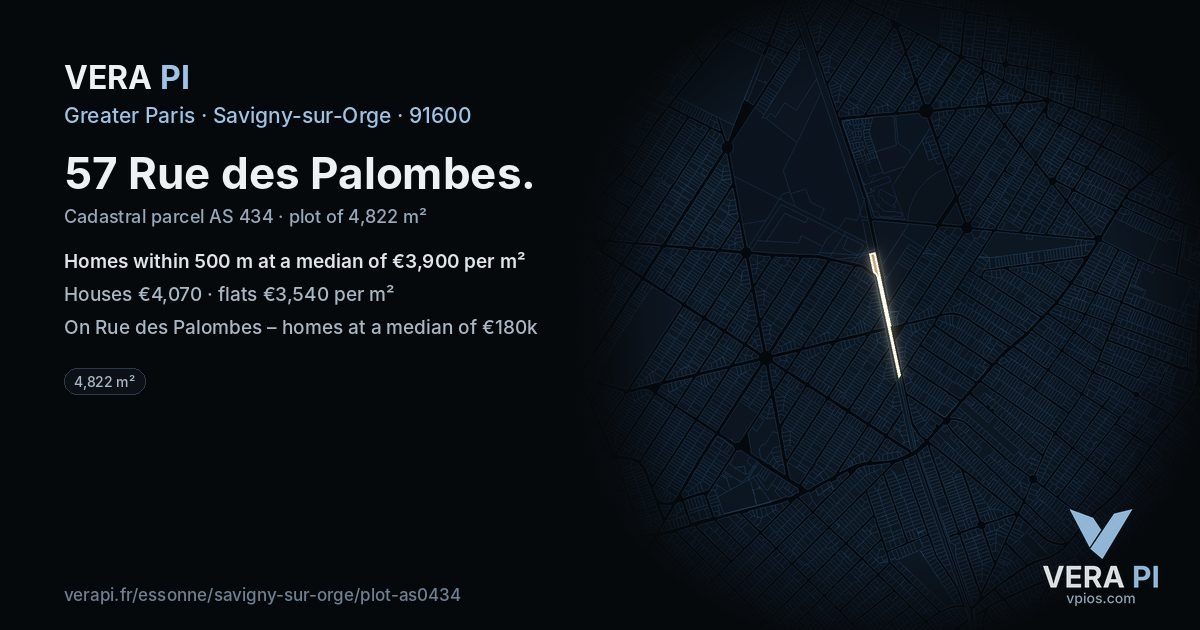 57 Rue des Palombes, Savigny-sur-Orge at night – the plot lit, the parcels around coloured by the prices near them