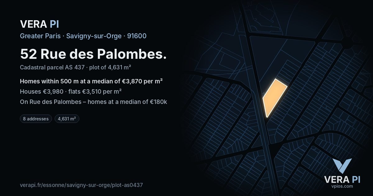 52 Rue des Palombes, Savigny-sur-Orge at night – the plot lit, the parcels around coloured by the prices near them
