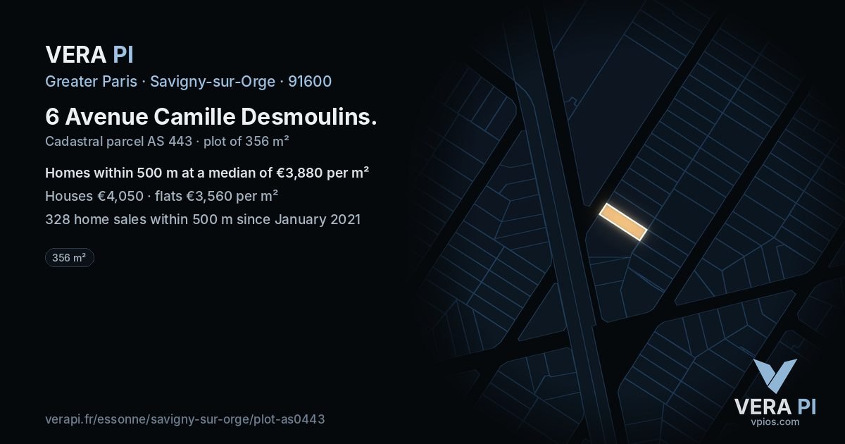 6 Avenue Camille Desmoulins, Savigny-sur-Orge at night – the plot lit, the parcels around coloured by the prices near them