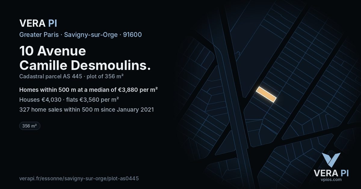 10 Avenue Camille Desmoulins, Savigny-sur-Orge at night – the plot lit, the parcels around coloured by the prices near them
