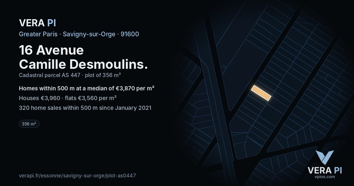 16 Avenue Camille Desmoulins, Savigny-sur-Orge at night – the plot lit, the parcels around coloured by the prices near them