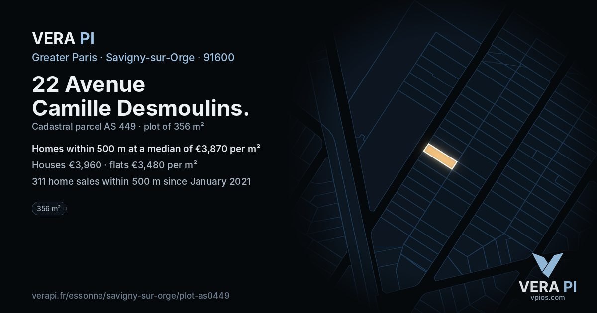 22 Avenue Camille Desmoulins, Savigny-sur-Orge at night – the plot lit, the parcels around coloured by the prices near them