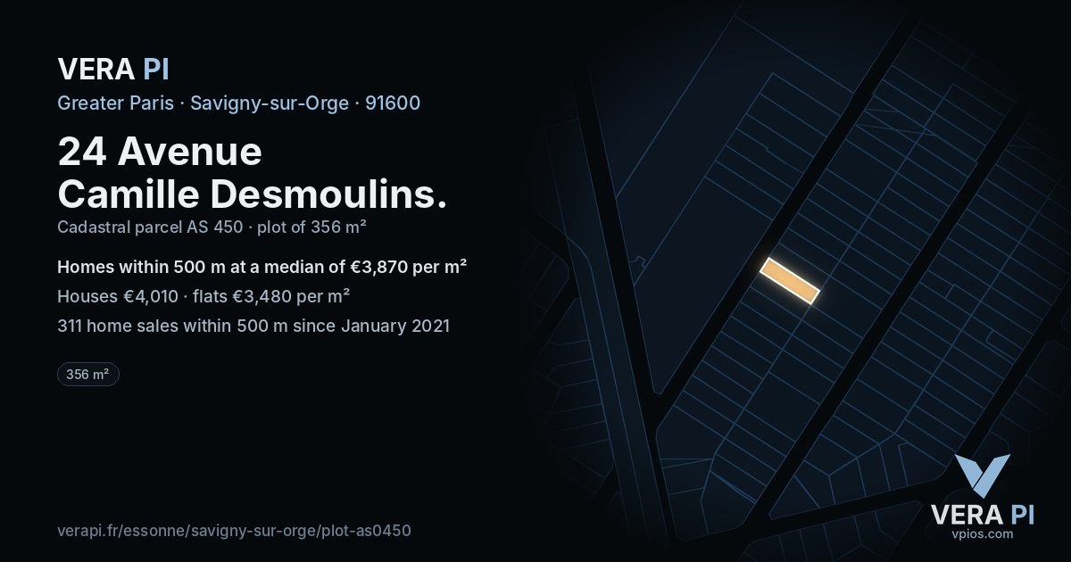 24 Avenue Camille Desmoulins, Savigny-sur-Orge at night – the plot lit, the parcels around coloured by the prices near them
