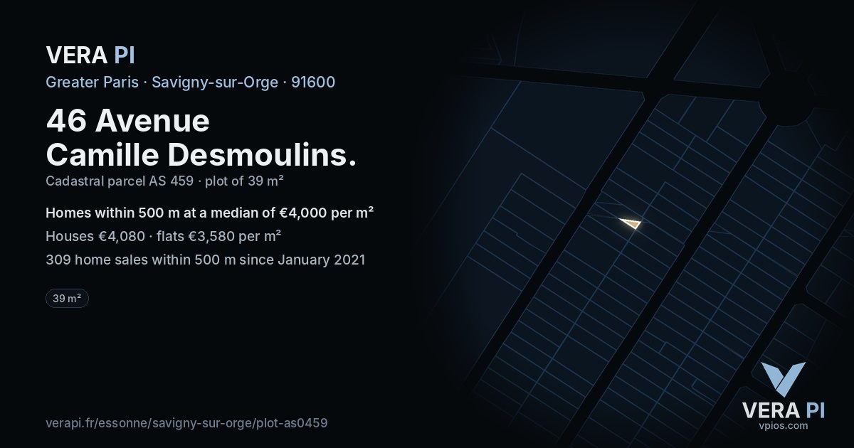46 Avenue Camille Desmoulins, Savigny-sur-Orge at night – the plot lit, the parcels around coloured by the prices near them