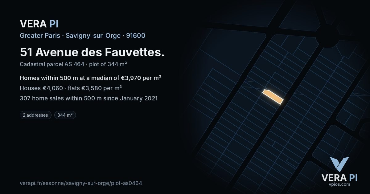 51 Avenue des Fauvettes, Savigny-sur-Orge at night – the plot lit, the parcels around coloured by the prices near them