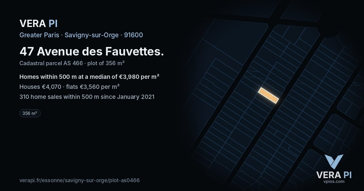 47 Avenue des Fauvettes, Savigny-sur-Orge at night – the plot lit, the parcels around coloured by the prices near them