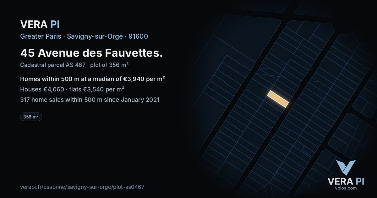 45 Avenue des Fauvettes, Savigny-sur-Orge at night – the plot lit, the parcels around coloured by the prices near them