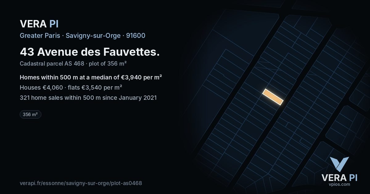 43 Avenue des Fauvettes, Savigny-sur-Orge at night – the plot lit, the parcels around coloured by the prices near them