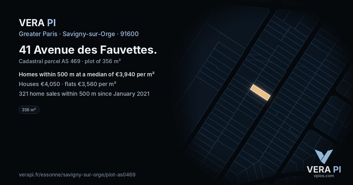 41 Avenue des Fauvettes, Savigny-sur-Orge at night – the plot lit, the parcels around coloured by the prices near them