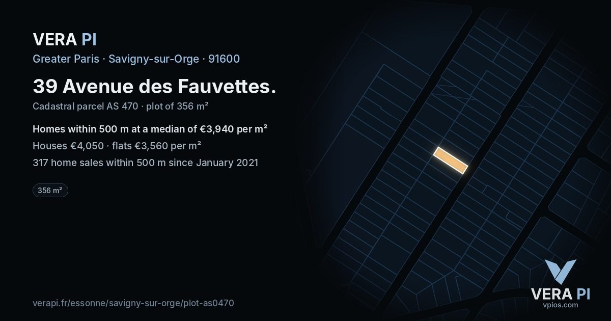 39 Avenue des Fauvettes, Savigny-sur-Orge at night – the plot lit, the parcels around coloured by the prices near them