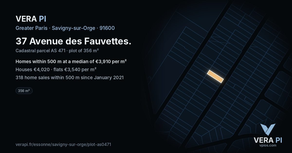 37 Avenue des Fauvettes, Savigny-sur-Orge at night – the plot lit, the parcels around coloured by the prices near them