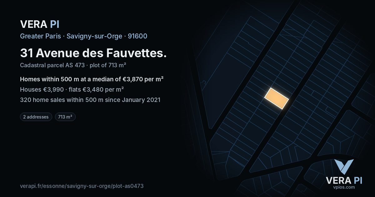 31 Avenue des Fauvettes, Savigny-sur-Orge at night – the plot lit, the parcels around coloured by the prices near them
