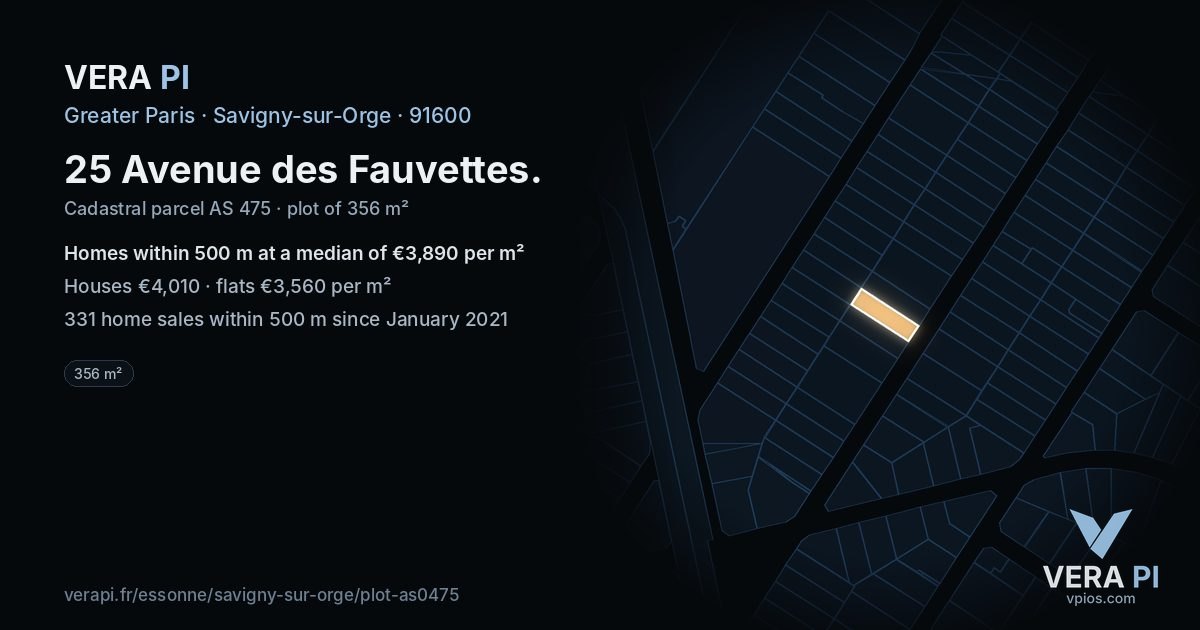 25 Avenue des Fauvettes, Savigny-sur-Orge at night – the plot lit, the parcels around coloured by the prices near them