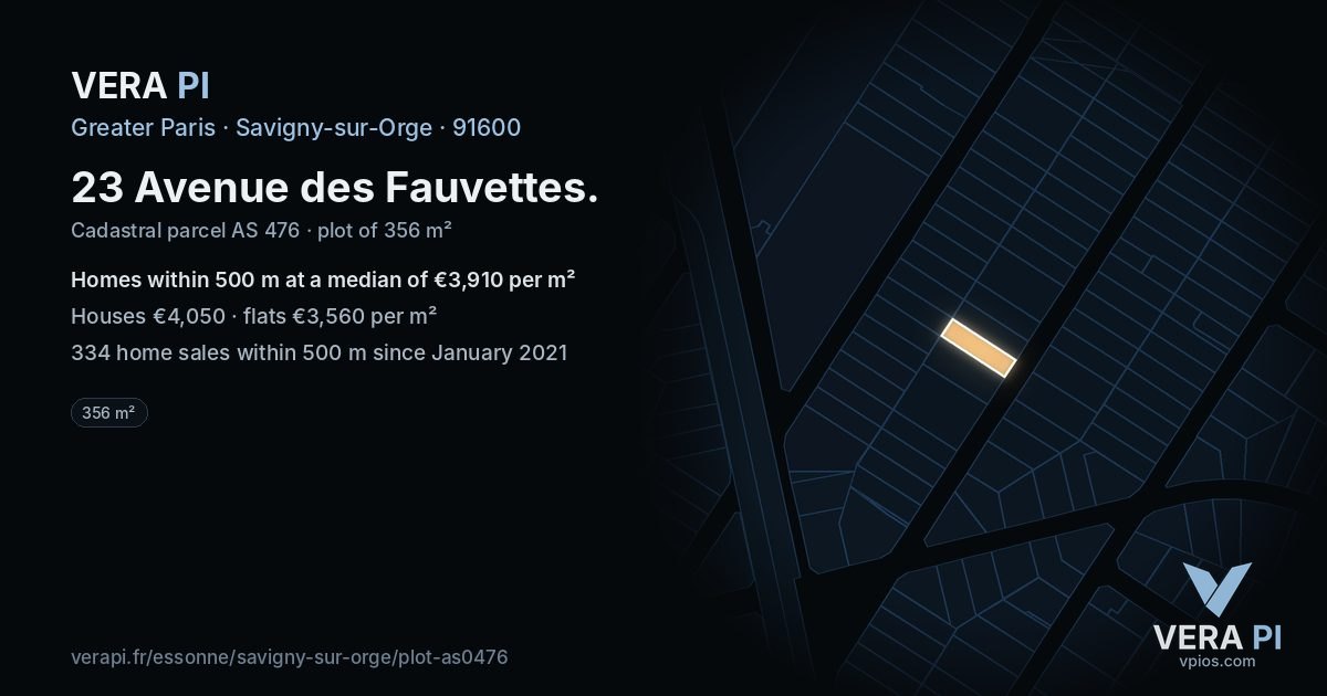 23 Avenue des Fauvettes, Savigny-sur-Orge at night – the plot lit, the parcels around coloured by the prices near them