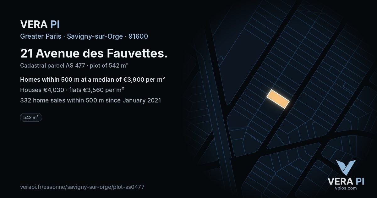 21 Avenue des Fauvettes, Savigny-sur-Orge at night – the plot lit, the parcels around coloured by the prices near them