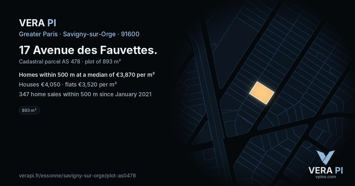 17 Avenue des Fauvettes, Savigny-sur-Orge at night – the plot lit, the parcels around coloured by the prices near them