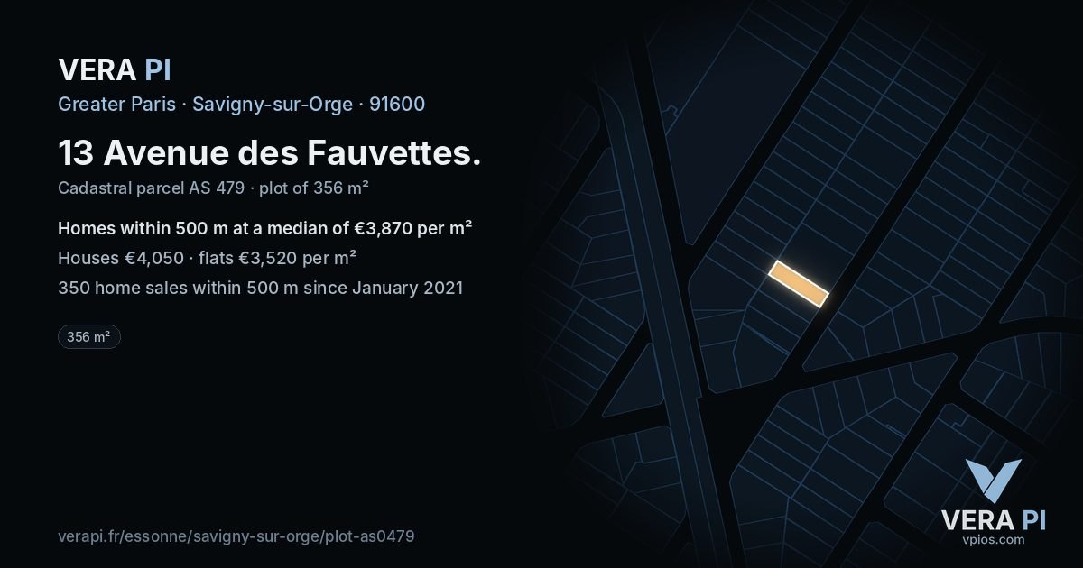 13 Avenue des Fauvettes, Savigny-sur-Orge at night – the plot lit, the parcels around coloured by the prices near them