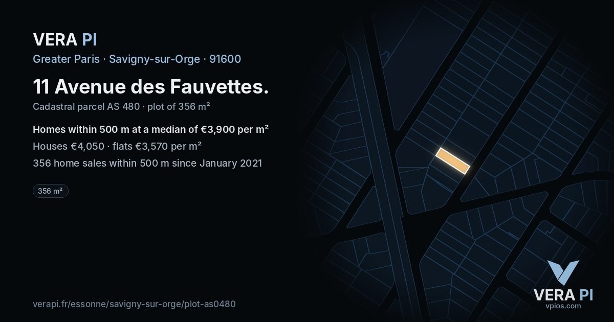 11 Avenue des Fauvettes, Savigny-sur-Orge at night – the plot lit, the parcels around coloured by the prices near them