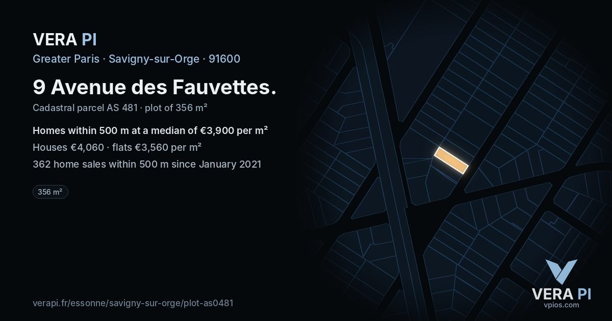9 Avenue des Fauvettes, Savigny-sur-Orge at night – the plot lit, the parcels around coloured by the prices near them
