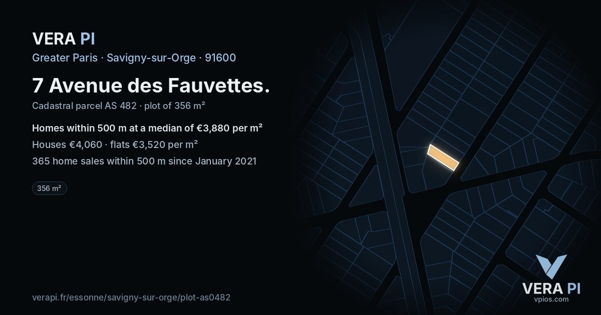 7 Avenue des Fauvettes, Savigny-sur-Orge at night – the plot lit, the parcels around coloured by the prices near them