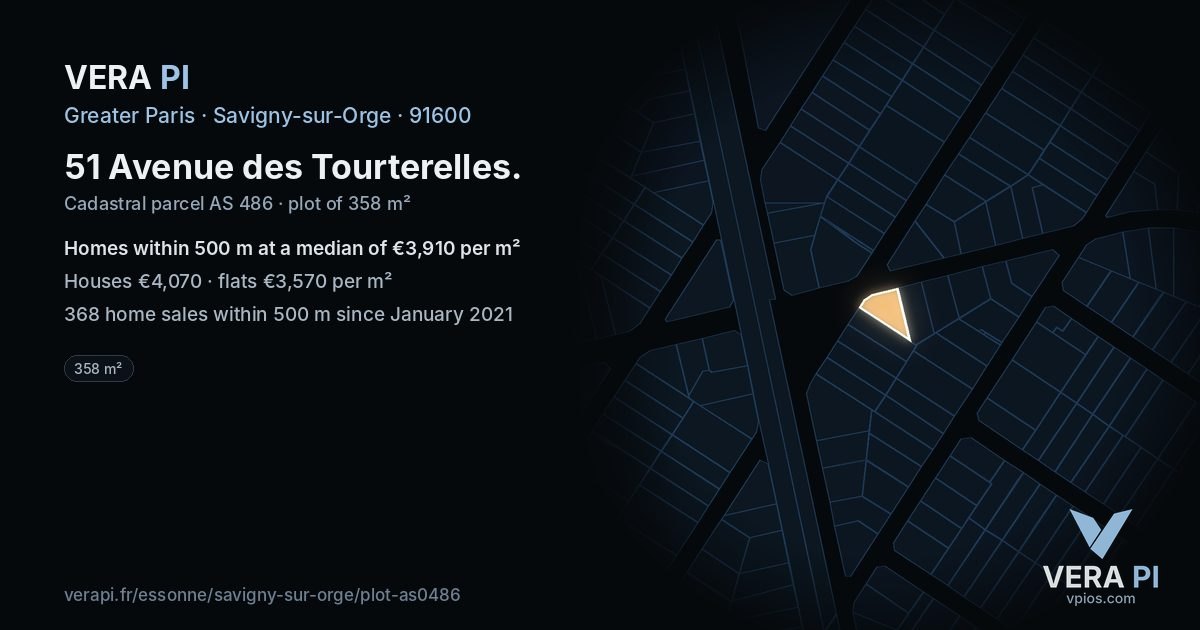 51 Avenue des Tourterelles, Savigny-sur-Orge at night – the plot lit, the parcels around coloured by the prices near them