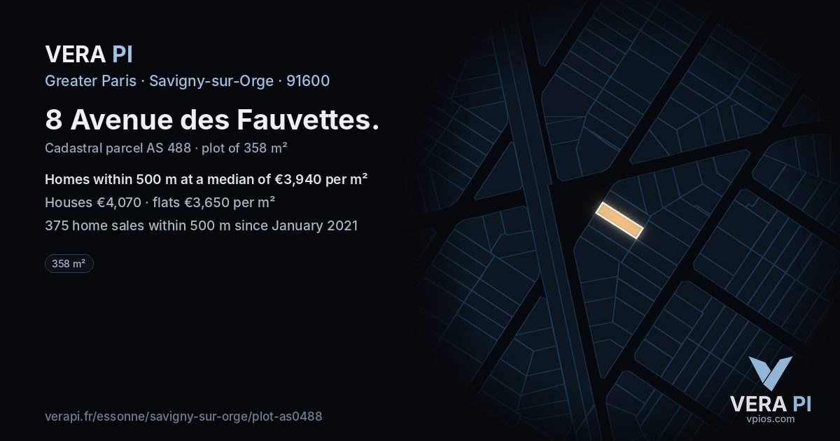 8 Avenue des Fauvettes, Savigny-sur-Orge at night – the plot lit, the parcels around coloured by the prices near them