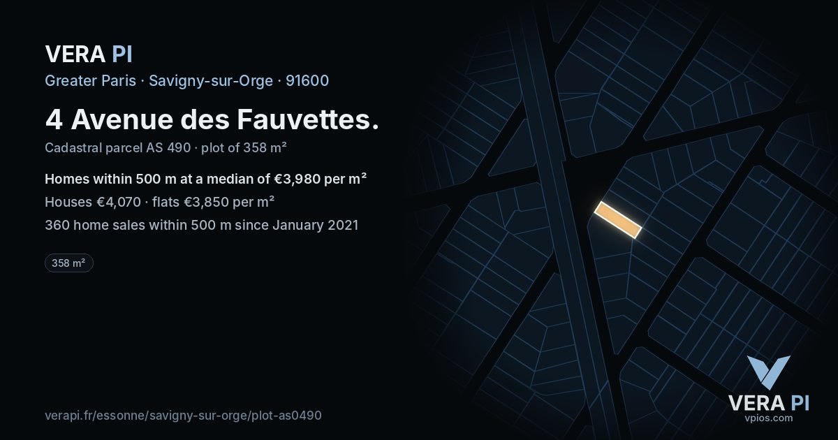 4 Avenue des Fauvettes, Savigny-sur-Orge at night – the plot lit, the parcels around coloured by the prices near them