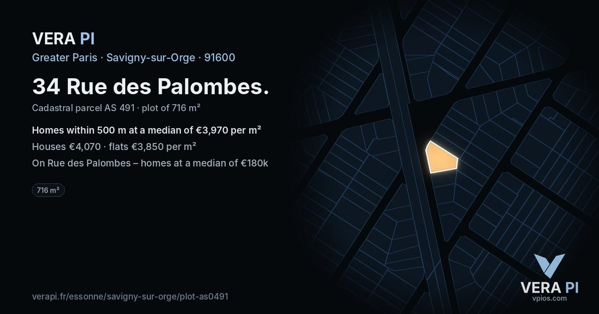 34 Rue des Palombes, Savigny-sur-Orge at night – the plot lit, the parcels around coloured by the prices near them