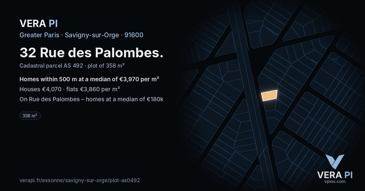 32 Rue des Palombes, Savigny-sur-Orge at night – the plot lit, the parcels around coloured by the prices near them