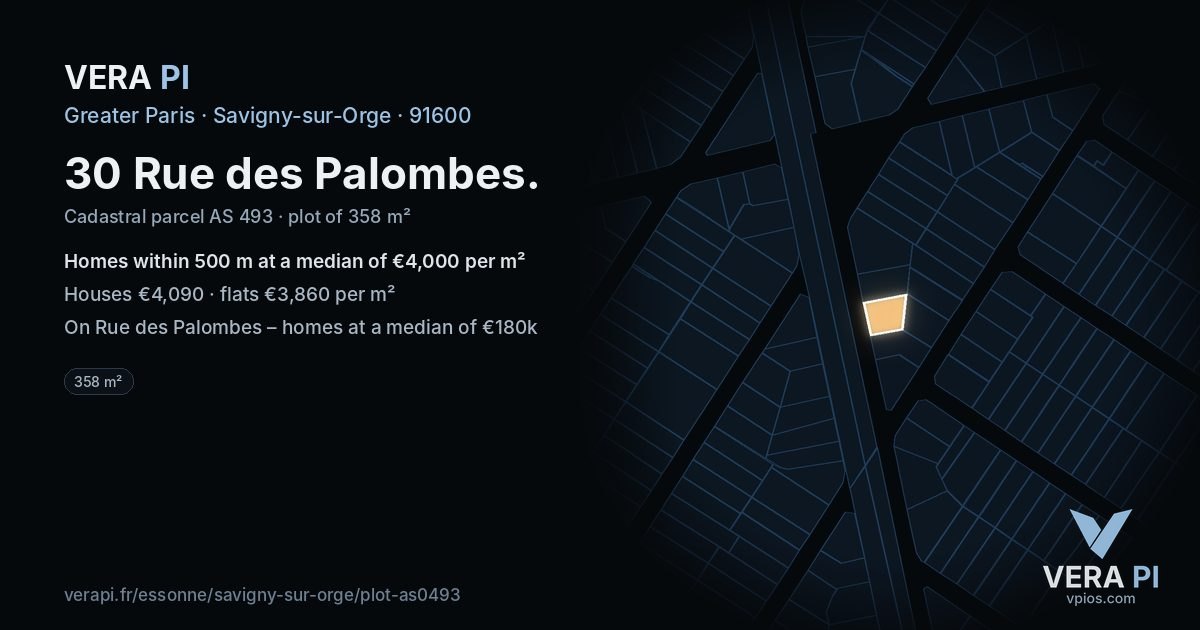 30 Rue des Palombes, Savigny-sur-Orge at night – the plot lit, the parcels around coloured by the prices near them