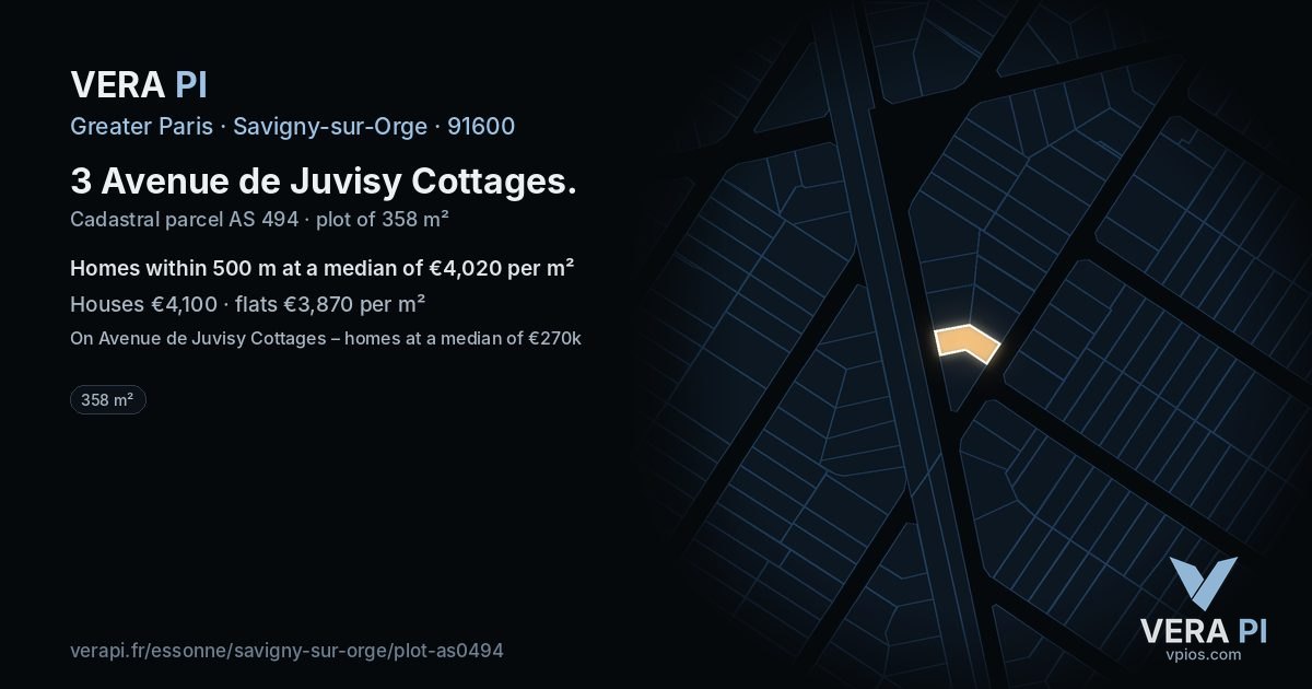3 Avenue de Juvisy Cottages, Savigny-sur-Orge at night – the plot lit, the parcels around coloured by the prices near them