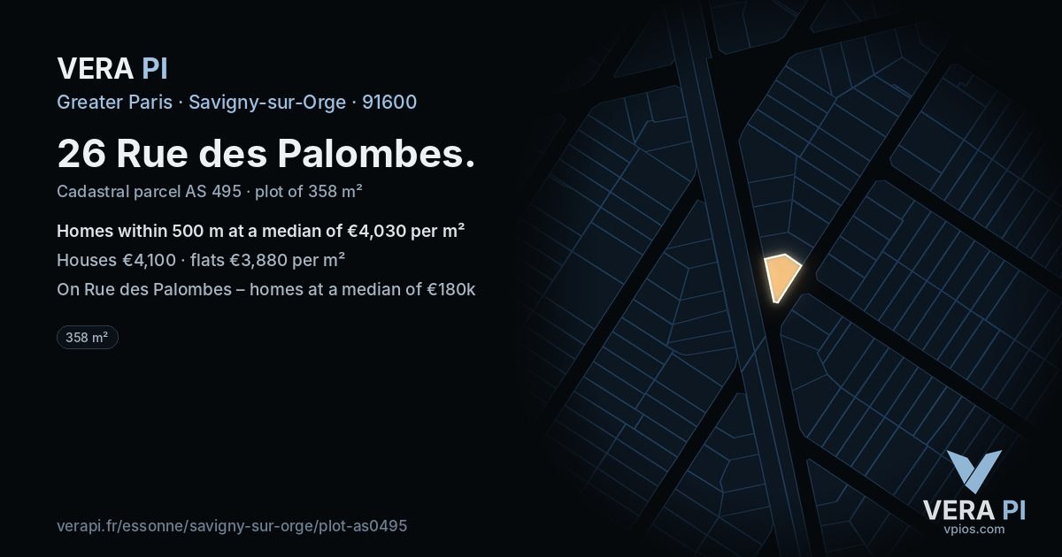 26 Rue des Palombes, Savigny-sur-Orge at night – the plot lit, the parcels around coloured by the prices near them