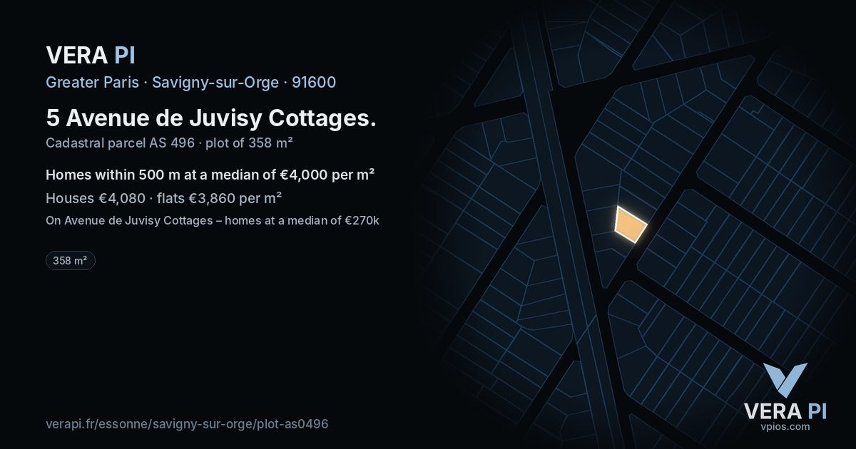 5 Avenue de Juvisy Cottages, Savigny-sur-Orge at night – the plot lit, the parcels around coloured by the prices near them