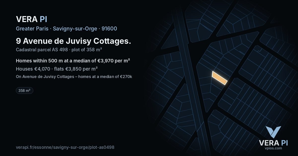 9 Avenue de Juvisy Cottages, Savigny-sur-Orge at night – the plot lit, the parcels around coloured by the prices near them