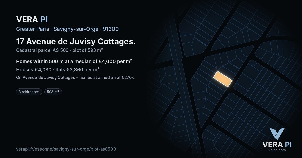 17 Avenue de Juvisy Cottages, Savigny-sur-Orge at night – the plot lit, the parcels around coloured by the prices near them