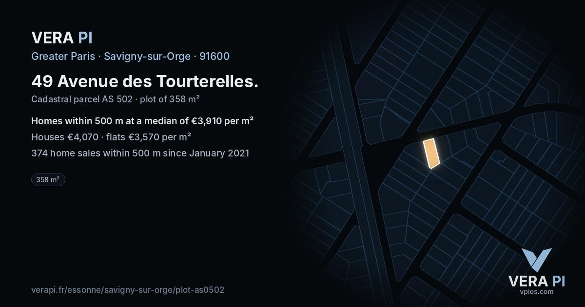 49 Avenue des Tourterelles, Savigny-sur-Orge at night – the plot lit, the parcels around coloured by the prices near them