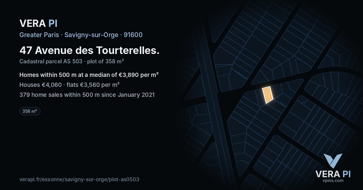 47 Avenue des Tourterelles, Savigny-sur-Orge at night – the plot lit, the parcels around coloured by the prices near them