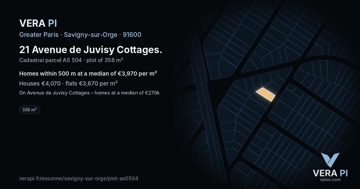 21 Avenue de Juvisy Cottages, Savigny-sur-Orge at night – the plot lit, the parcels around coloured by the prices near them