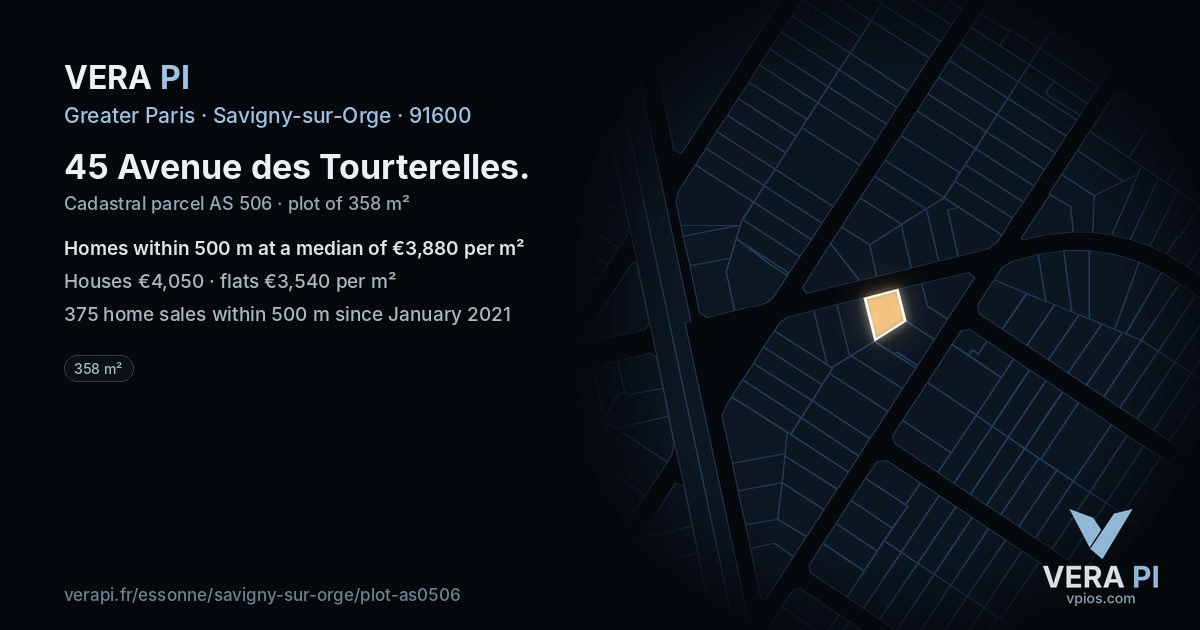 45 Avenue des Tourterelles, Savigny-sur-Orge at night – the plot lit, the parcels around coloured by the prices near them