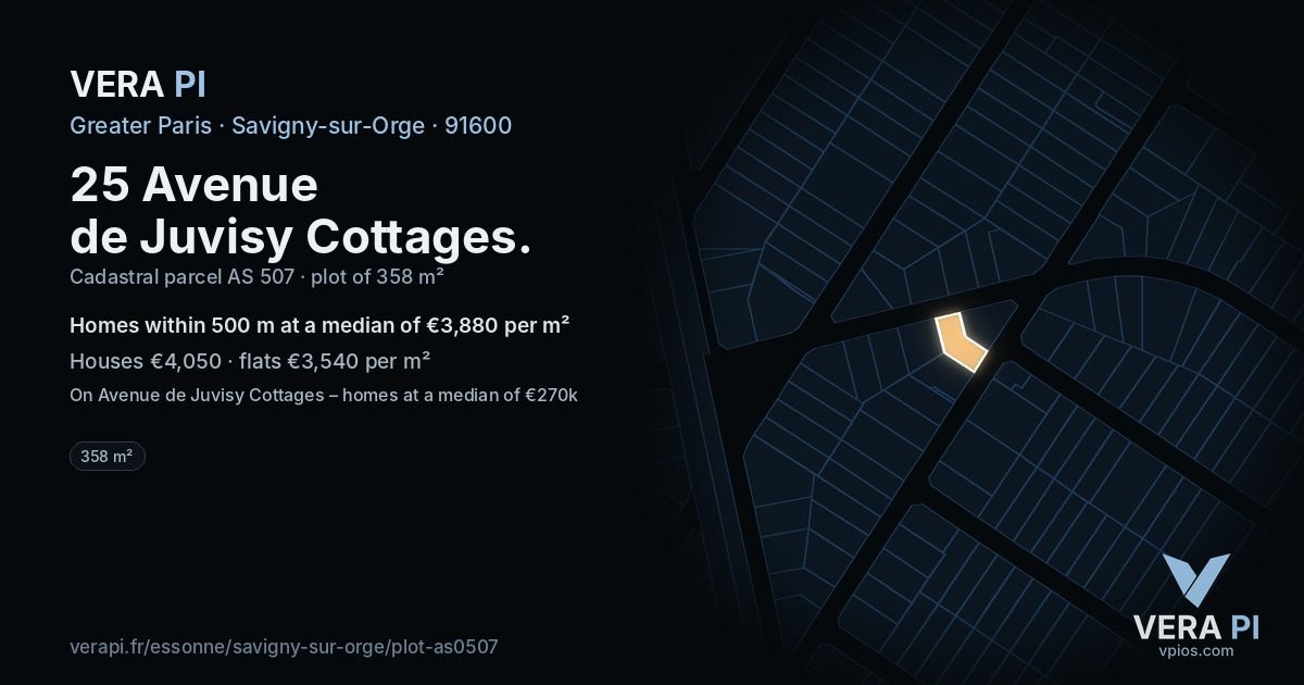 25 Avenue de Juvisy Cottages, Savigny-sur-Orge at night – the plot lit, the parcels around coloured by the prices near them