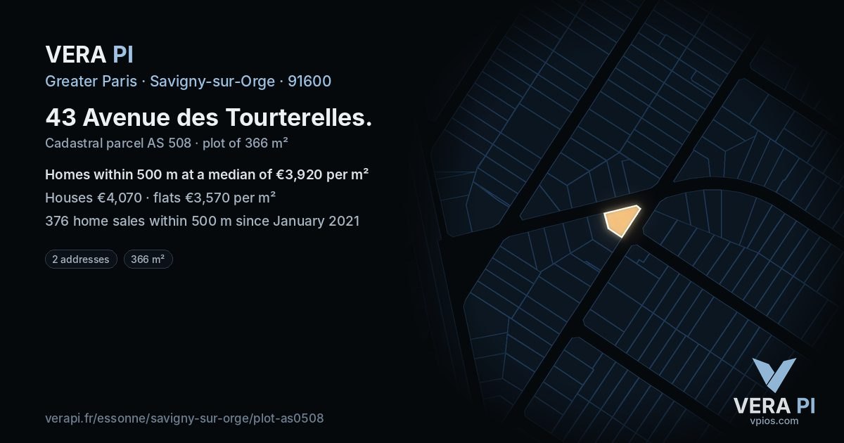 43 Avenue des Tourterelles, Savigny-sur-Orge at night – the plot lit, the parcels around coloured by the prices near them