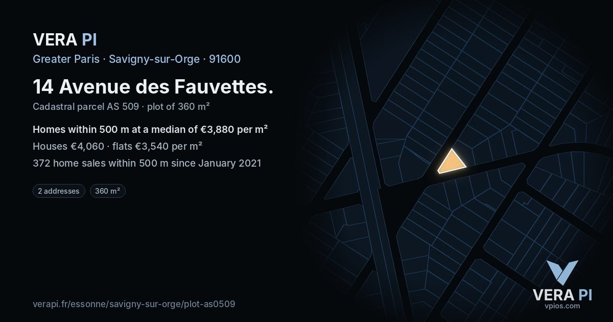 14 Avenue des Fauvettes, Savigny-sur-Orge at night – the plot lit, the parcels around coloured by the prices near them