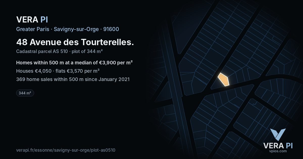 48 Avenue des Tourterelles, Savigny-sur-Orge at night – the plot lit, the parcels around coloured by the prices near them
