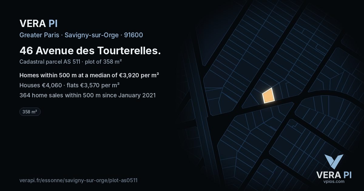 46 Avenue des Tourterelles, Savigny-sur-Orge at night – the plot lit, the parcels around coloured by the prices near them